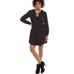 POPSUGAR Ruffle Wrap Long sleeve Mini Dress Multicolored Stars on Black Size XL